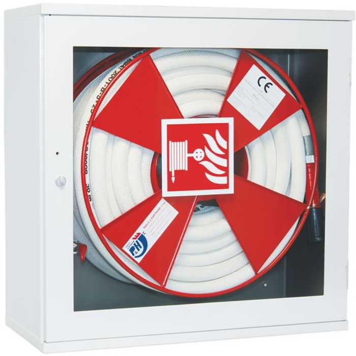 Hydrantový systém s hadicí D25 -20bm - prosklená dvířka - proudnice ekv.10 - BÍLÁ